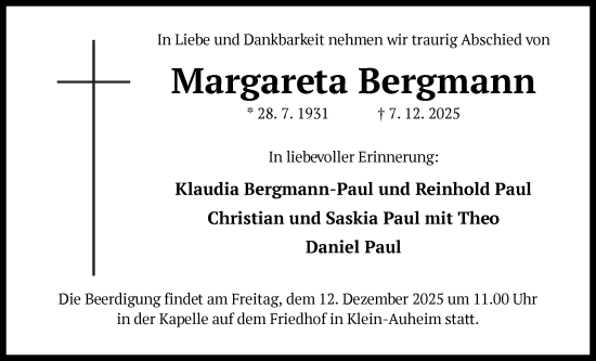 Traueranzeige von Margareta Bergmann von OFOP