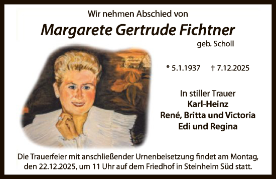 Traueranzeige von Margarete Gertrude Fichtner von OFOP