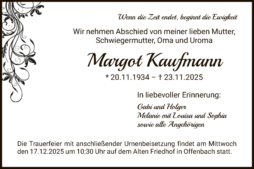  Traueranzeige für Margot Kaufmann vom 06.12.2025 aus OFOP