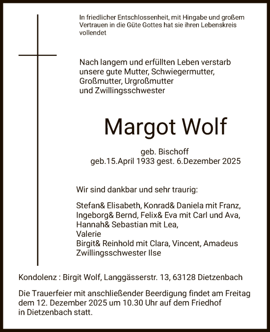 Traueranzeige von Margot Wolf von OFOP