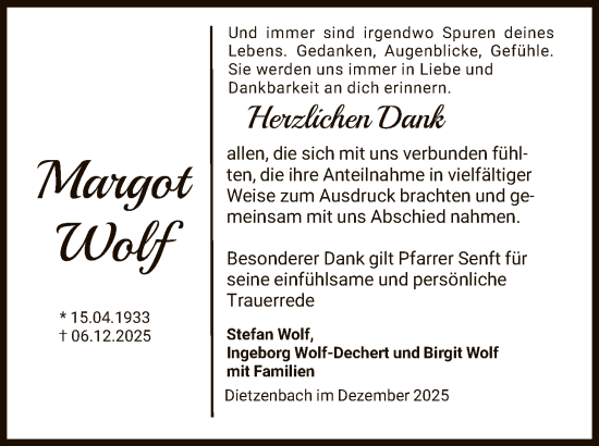 Traueranzeige von Margot Wolf von OF0L