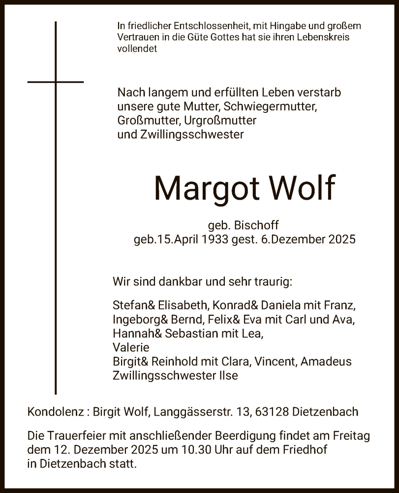  Traueranzeige für Margot Wolf vom 10.12.2025 aus OFOP