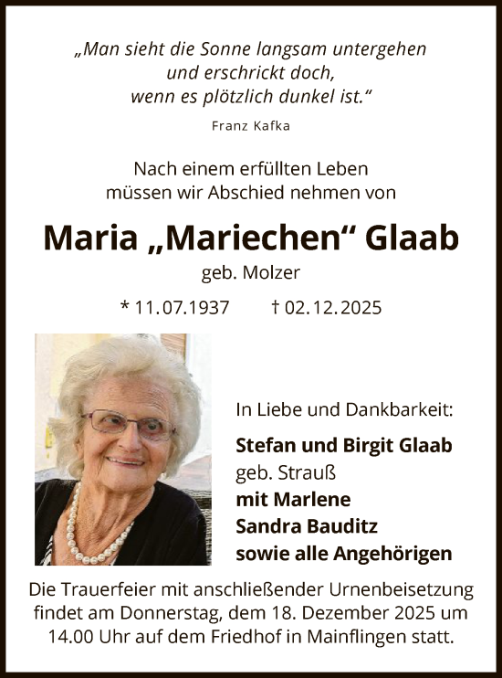 Traueranzeige von Maria Glaab von OF0L