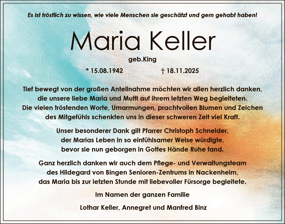  Traueranzeige für Maria Keller vom 06.12.2025 aus OFOP