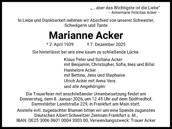 Traueranzeige von Marianne Acker von FNP