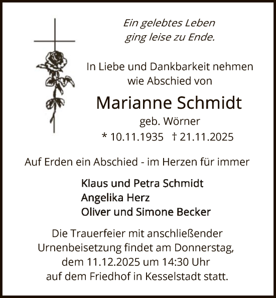 Traueranzeige von Marianne Schmidt von OFHA