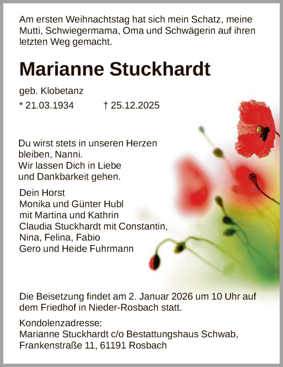 Traueranzeige von Marianne Stuckhardt von FNP