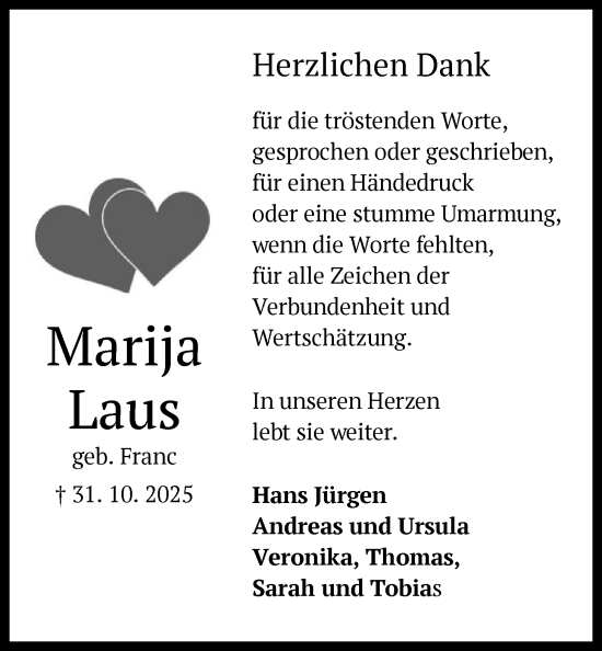 Traueranzeige von Marija Laus von BOWO