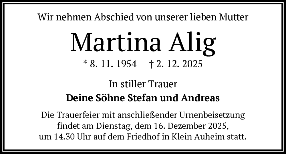  Traueranzeige für Martina Alig vom 13.12.2025 aus OFOP
