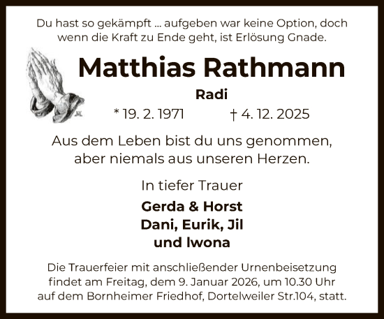 Traueranzeige von Matthias Rathmann von FRAW
