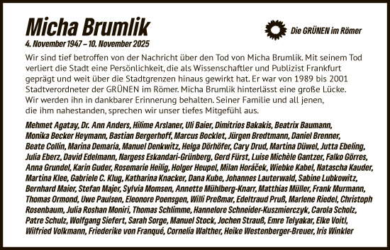 Traueranzeige von Micha Brumlik von FNP