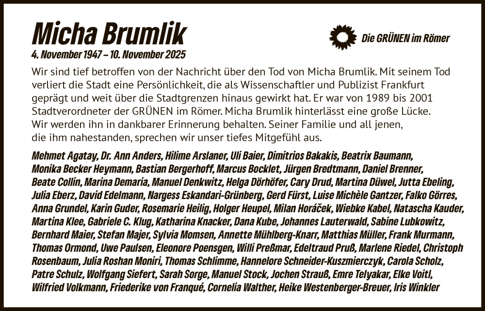  Traueranzeige für Micha Brumlik vom 13.12.2025 aus FNP