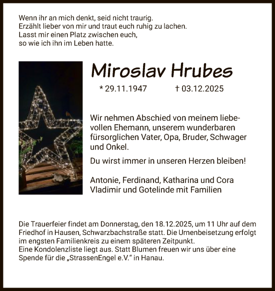 Traueranzeige von Miroslav Hrubes von OF0T