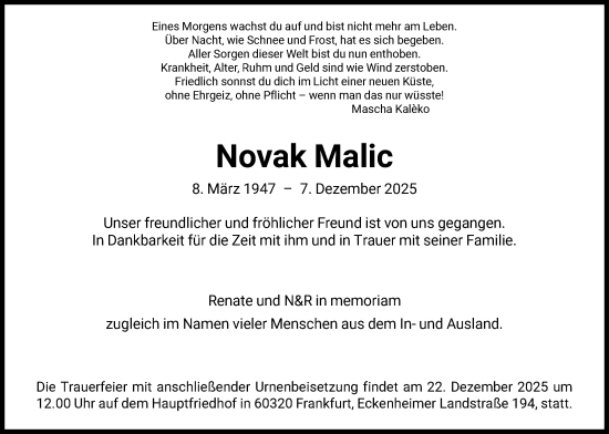 Traueranzeige von Novak Malic von FNP