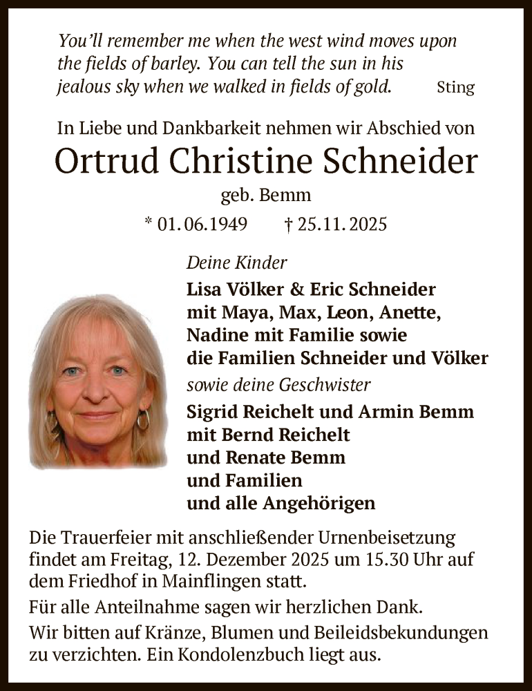  Traueranzeige für Ortrud Christine Schneider vom 06.12.2025 aus OF0L