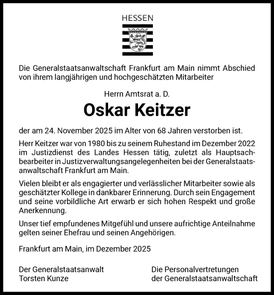 Traueranzeige von Oskar Keitzer von FNP