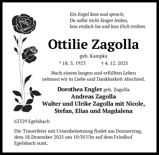 Traueranzeige von Ottilie Zagolla von OF0W