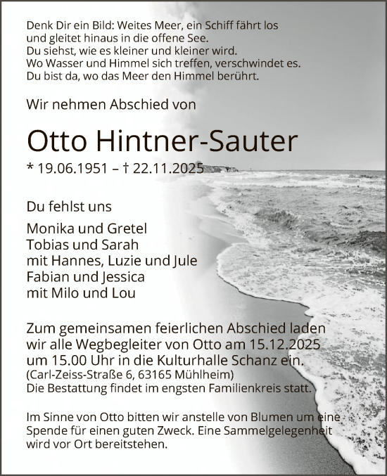 Traueranzeige von Otto Hintner-Sauter von OFOP