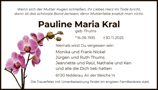 Traueranzeige von Pauline Maria Kral von OFHA