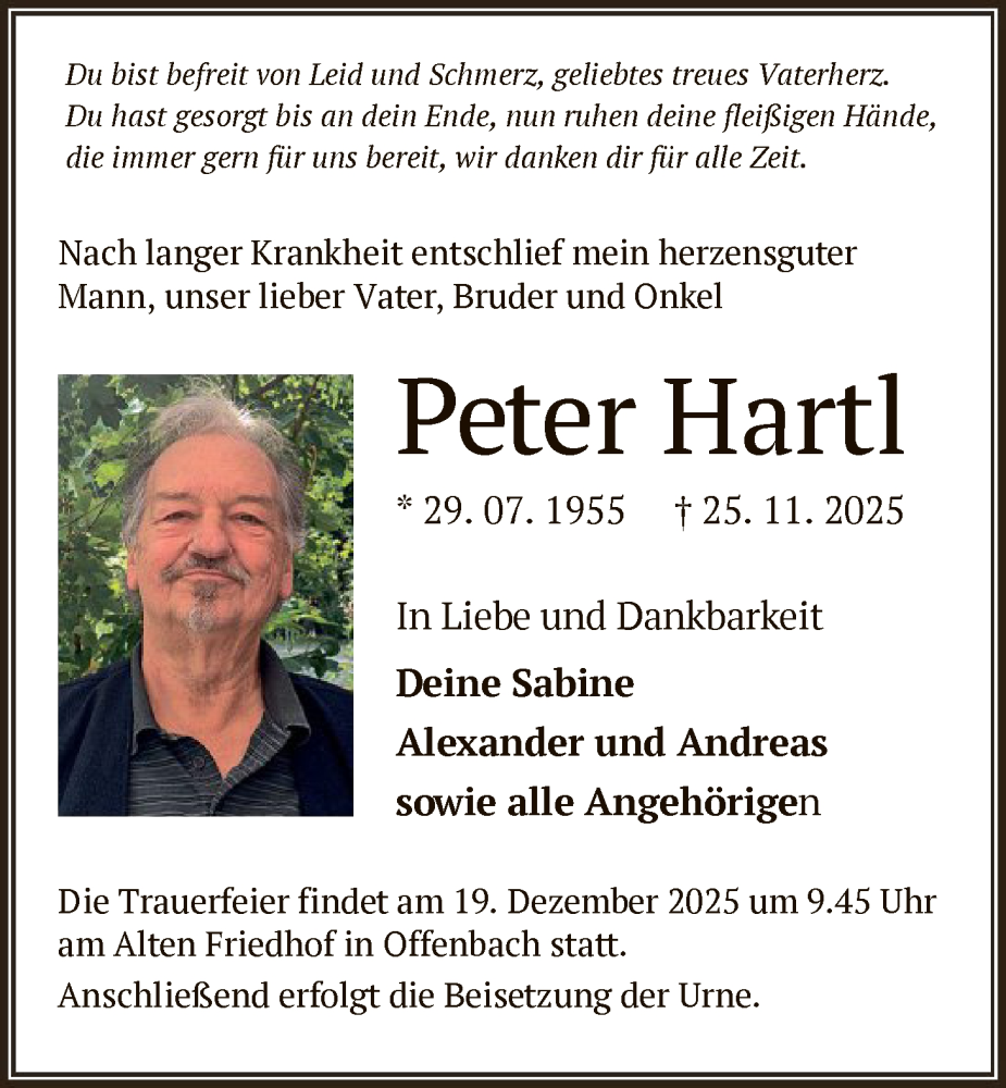  Traueranzeige für Peter Hartl vom 13.12.2025 aus OFOP