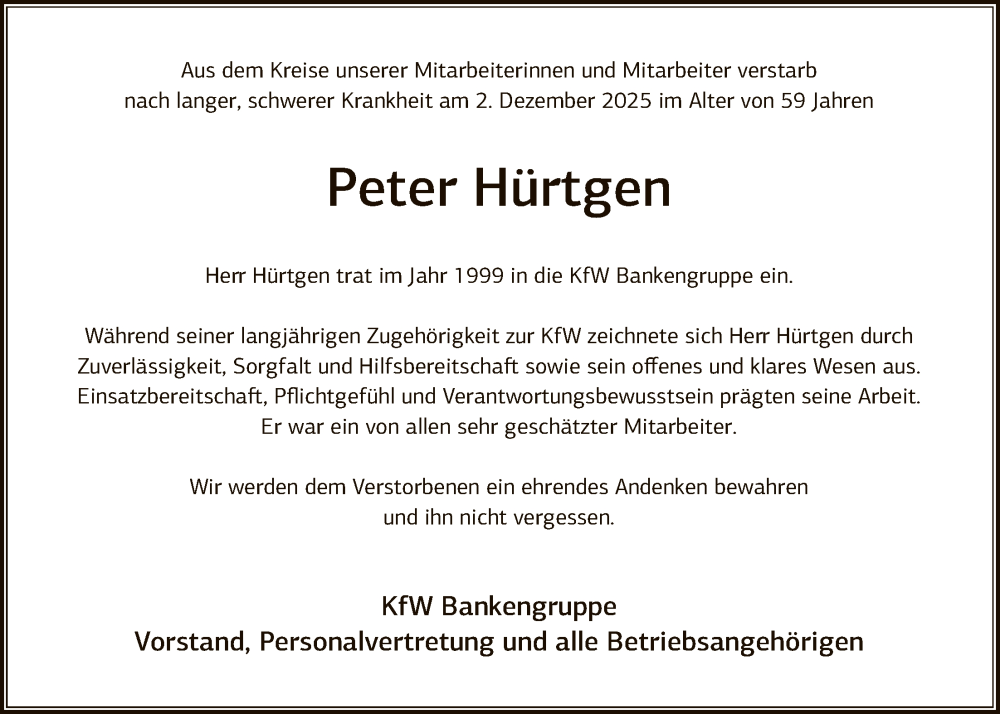  Traueranzeige für Peter Hürtgen vom 11.12.2025 aus FNP