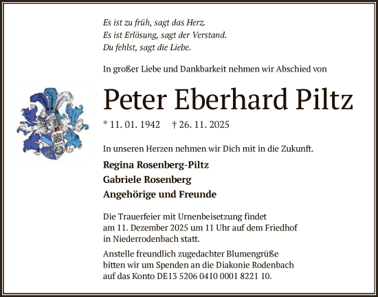 Traueranzeige von Peter Eberhard Piltz von OFHA
