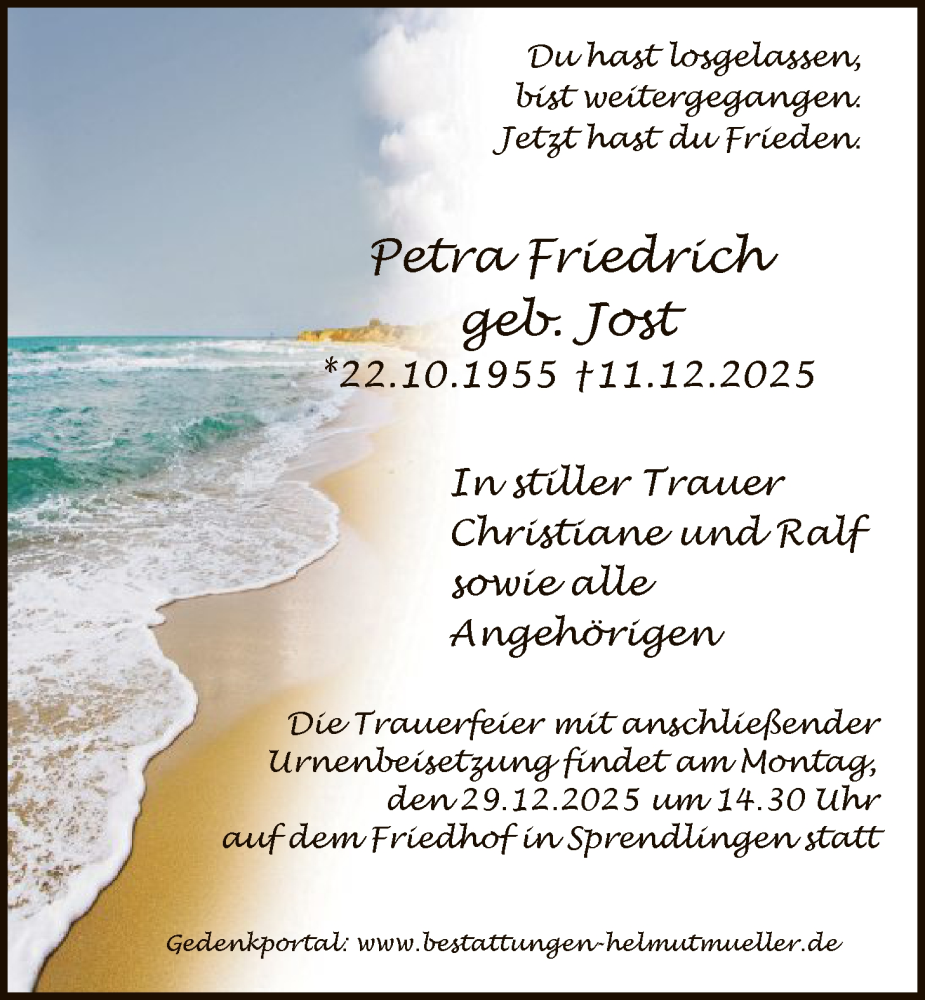  Traueranzeige für Petra Friedrich vom 20.12.2025 aus OF0W