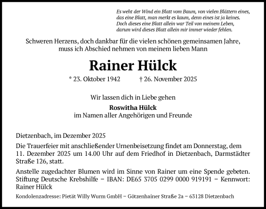 Traueranzeige von Rainer Hülck von FNP