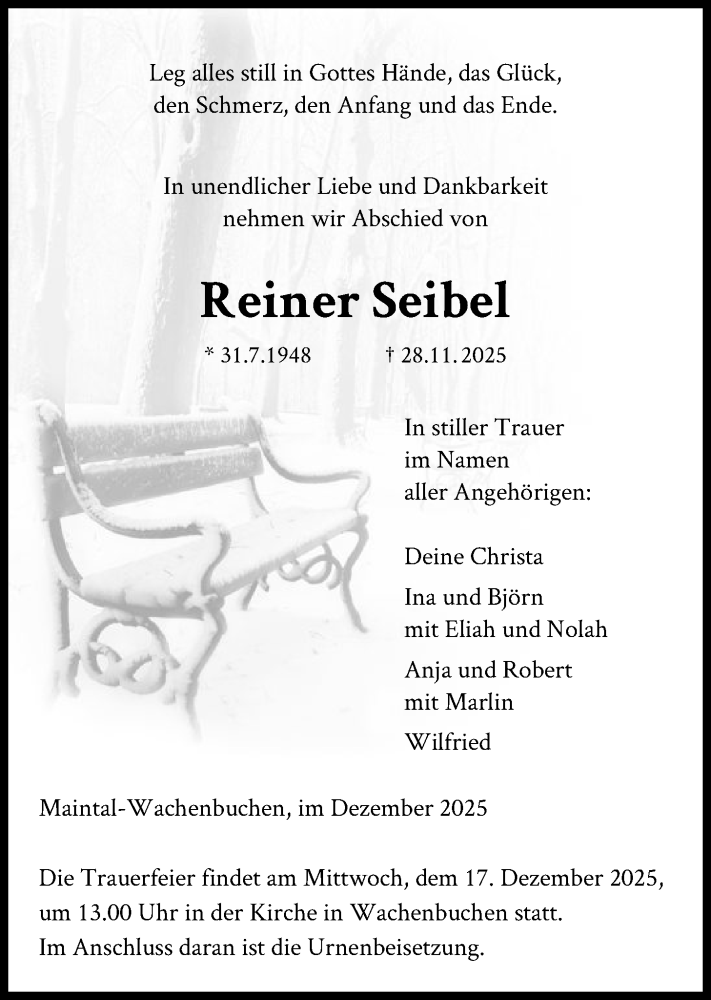  Traueranzeige für Reiner Seibel vom 06.12.2025 aus OFHA