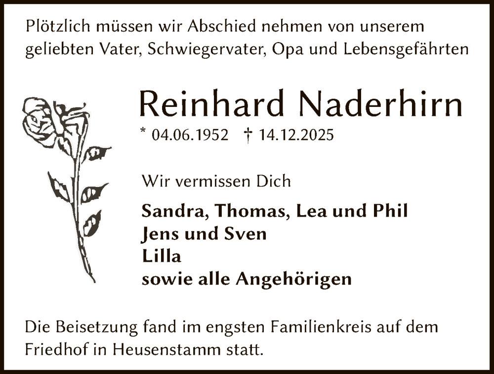  Traueranzeige für Reinhard Naderhirn vom 20.12.2025 aus OF0T