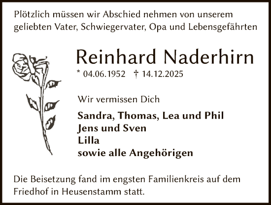 Traueranzeige von Reinhard Naderhirn von OF0T