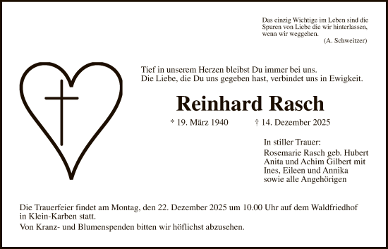 Traueranzeige von Reinhard Rasch von FNP