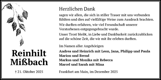 Traueranzeige von Reinhilt Mißbach von BOWO