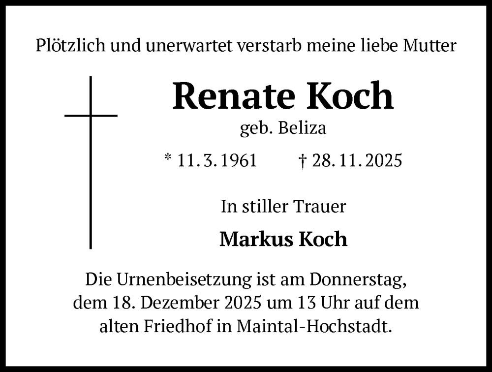  Traueranzeige für Renate Koch vom 13.12.2025 aus OFHA