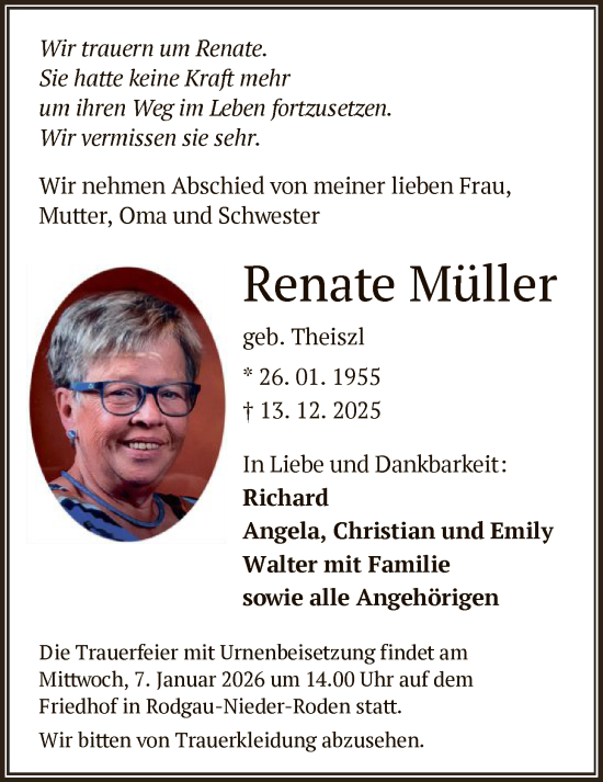 Traueranzeige von Renate Müller von OF0L