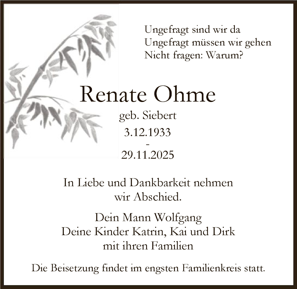  Traueranzeige für Renate Ohme vom 20.12.2025 aus FNP