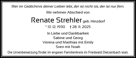 Traueranzeige von Renate Strehler von OF0W