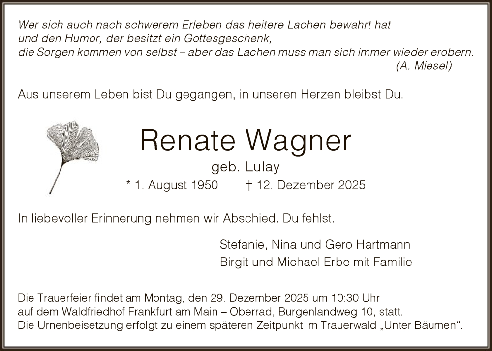  Traueranzeige für Renate Wagner vom 20.12.2025 aus FNP