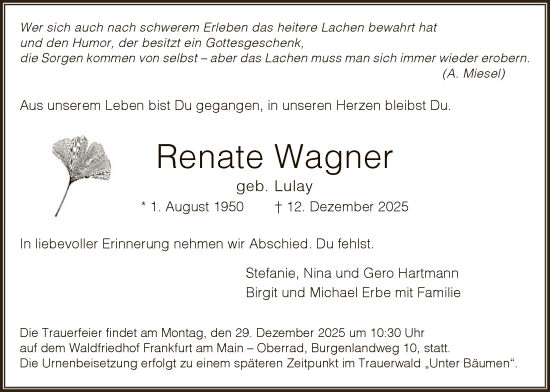 Traueranzeige von Renate Wagner von FNP