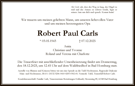 Traueranzeige von Robert Paul Carls von FNP