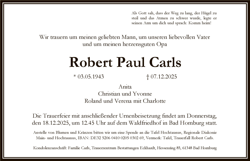  Traueranzeige für Robert Paul Carls vom 13.12.2025 aus FNP