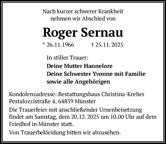 Traueranzeige von Roger Sernau von OFOP