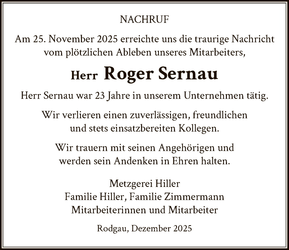  Traueranzeige für Roger Sernau vom 13.12.2025 aus OFOP
