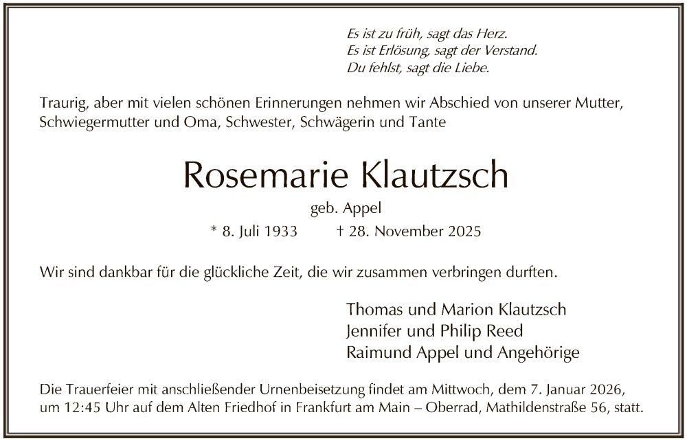  Traueranzeige für Rosemarie Klautzsch vom 13.12.2025 aus FNP