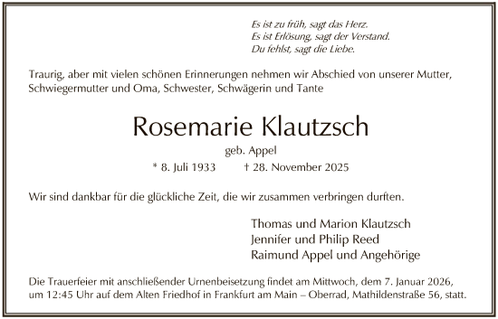 Traueranzeige von Rosemarie Klautzsch von FNP