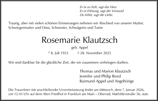 Traueranzeige von Rosemarie Klautzsch von OFOP
