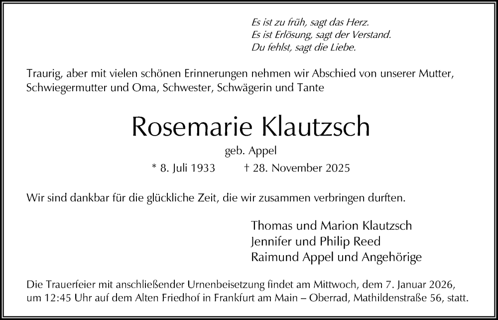  Traueranzeige für Rosemarie Klautzsch vom 15.12.2025 aus OFOP