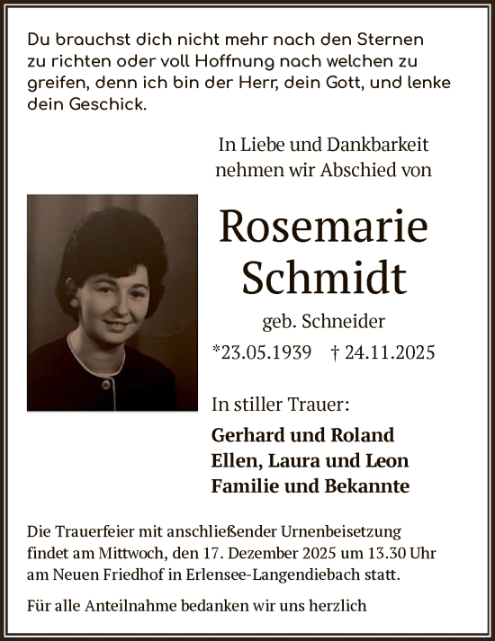 Traueranzeige von Rosemarie Schmidt von OFHA