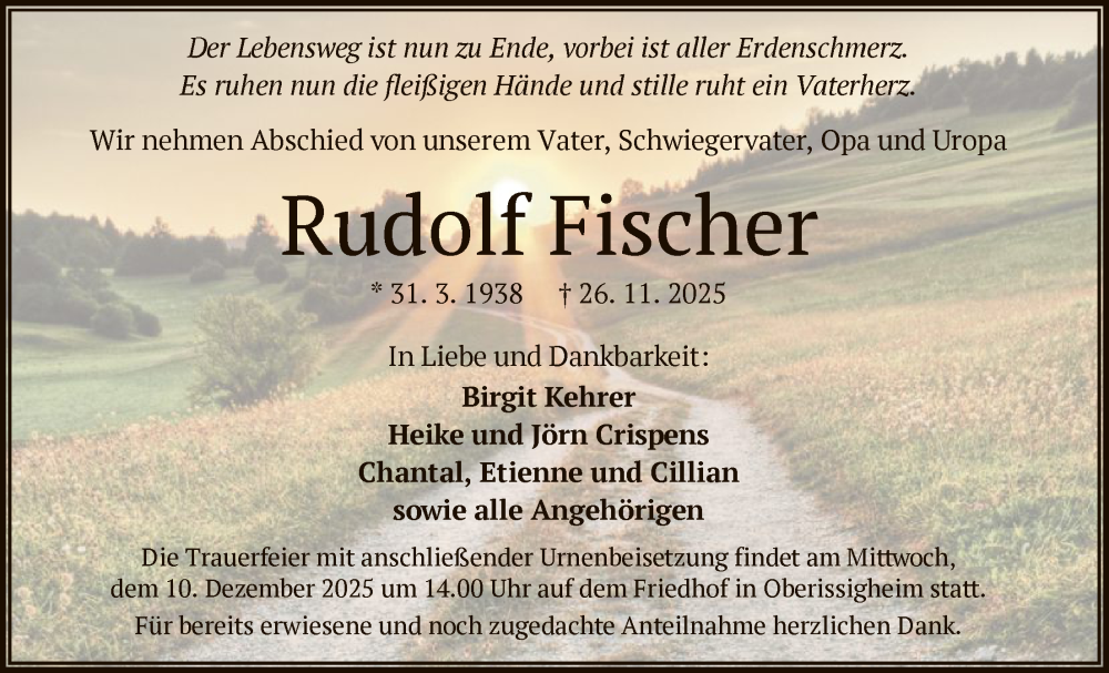  Traueranzeige für Rudolf Fischer vom 06.12.2025 aus OFHA