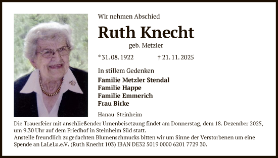 Traueranzeige von Ruth Knecht von OFOP